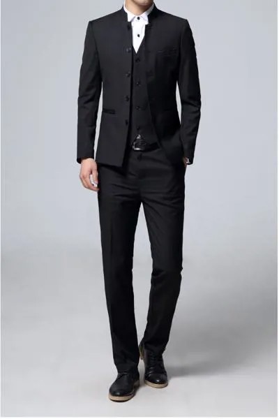Мужской костюм из трех предметов, облегающая куртка и брюки, жилет, мужской однотонный костюм с воротником-стойкой для свадебного банкета