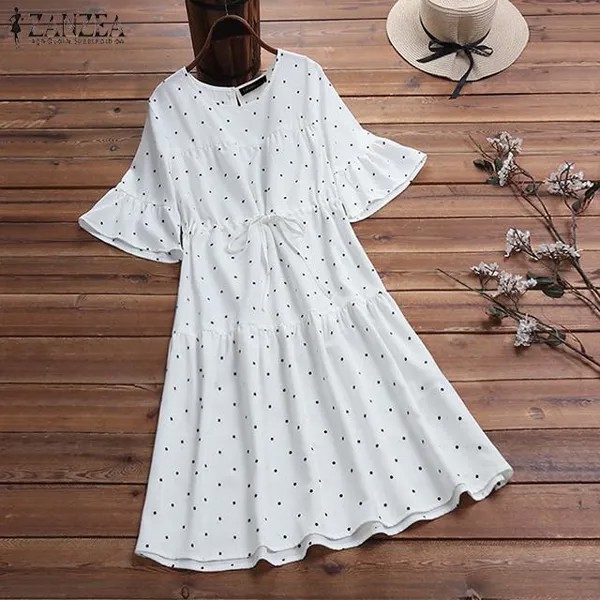 ЗАНЗЕА Богемия женщин Летняя Полька Dot Drawstring Smock Платье Holiday Beach случайный Loose Сарафан