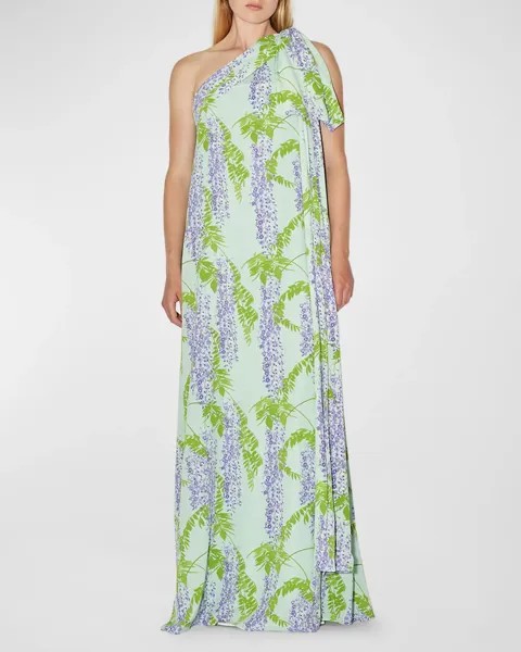 Платье макси Gala на одно плечо с принтом глицинии и бантом BERNADETTE, цвет Wisteria Small Purple On Mint