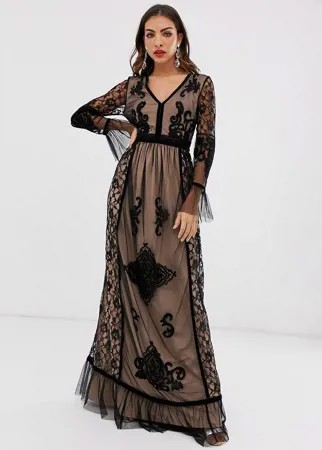 Платье макси с длинными рукавами и кружевом Frock & Frill-Черный