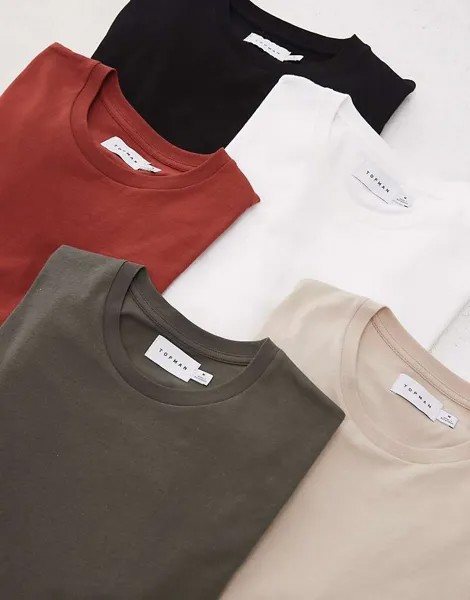 Набор из пяти базовых футболок стандартного кроя Topman черного, каменно-бежевого, хаки и бордового цветов
