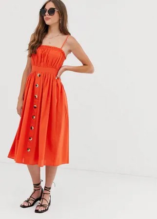 Льняной сарафан миди на бретельках с пуговицами ASOS DESIGN-Красный