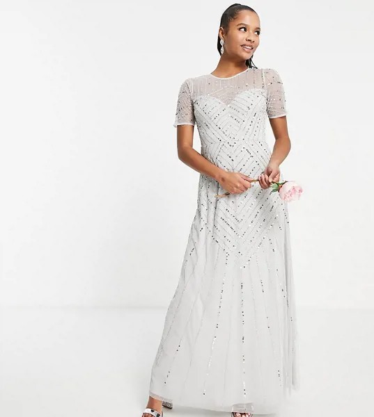 Серое платье макси с короткими рукавами и декоративной отделкой Frock and Frill Petite Bridesmaid-Серый