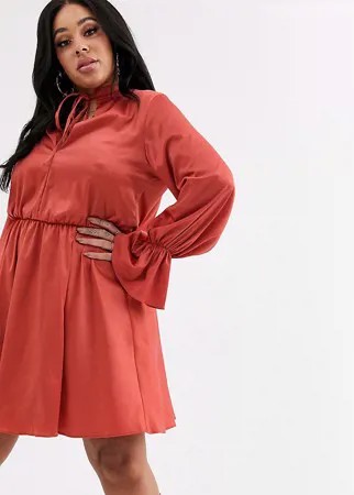 Атласное платье мини рыжего цвета с длинными рукавами Koco & K Plus-Коричневый