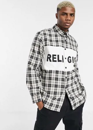 Черно-белая футболка в клетку с логотипом на вставке Religion-Черный