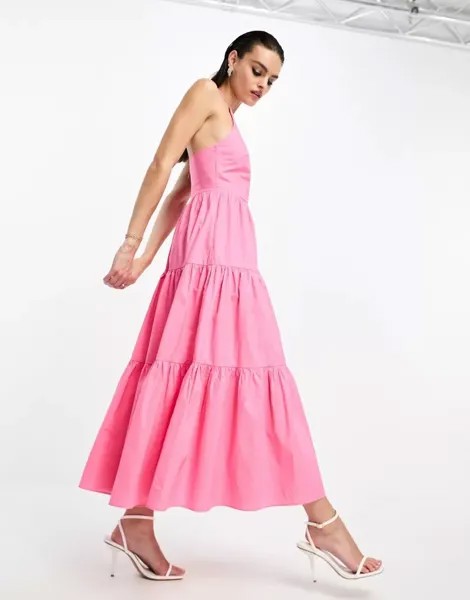 Гламурное розовое многоярусное платье миди с воротником-халтером Glamorous