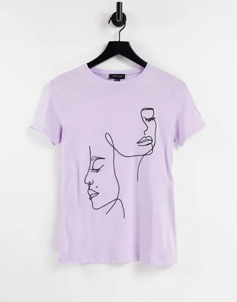 Сиреневая футболка с абстрактной вышивкой лица New Look-Фиолетовый цвет