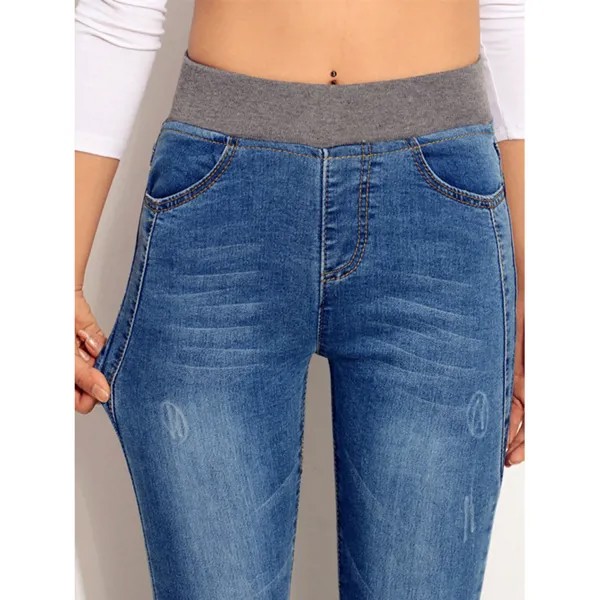 Повседневные однотонные джинсовые эластичные леггинсы с высокой талией