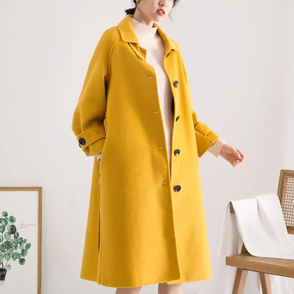 Женское длинное шерстяное пальто, Корейская элегантная шерстяная куртка на весну и осень, Желтые пальто и куртки, Женское пальто HD2022 KJ6055