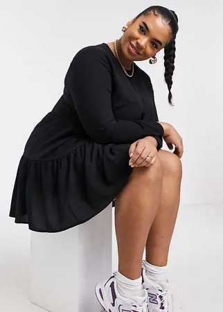 Черное ярусное платье мини свободного кроя с длинными рукавами ASOS DESIGN Curve-Черный цвет