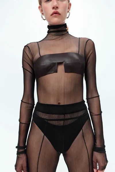 Боди из 100% шелка с длинными рукавами ZARA, черный