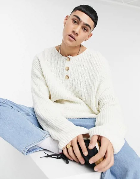 Белый вязаный oversized-джемпер в рубчик с планкой на пуговицах ASOS DESIGN