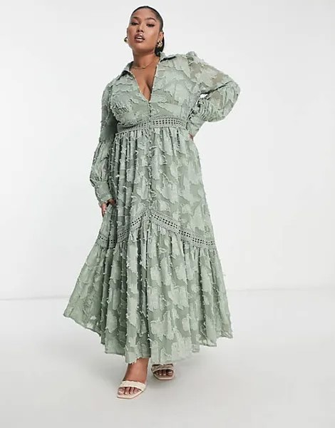 Выгоревшее платье-рубашка миди на пуговицах с кружевными вставками ASOS DESIGN Curve цвета хаки