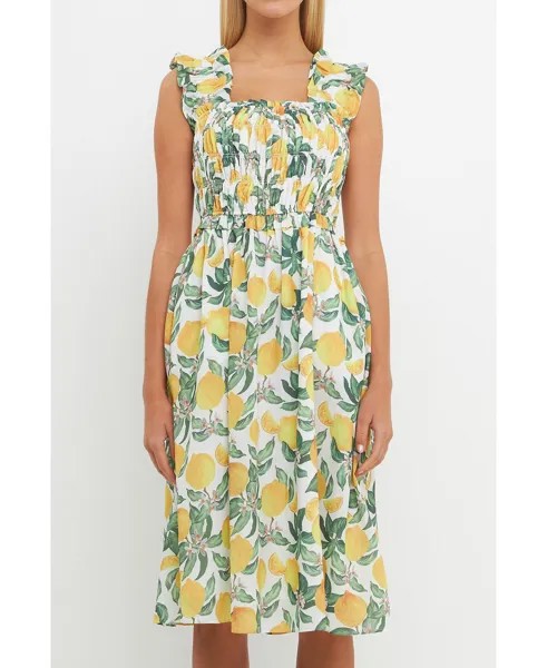 Женское платье миди с присборенным лифом и принтом лимона English Factory