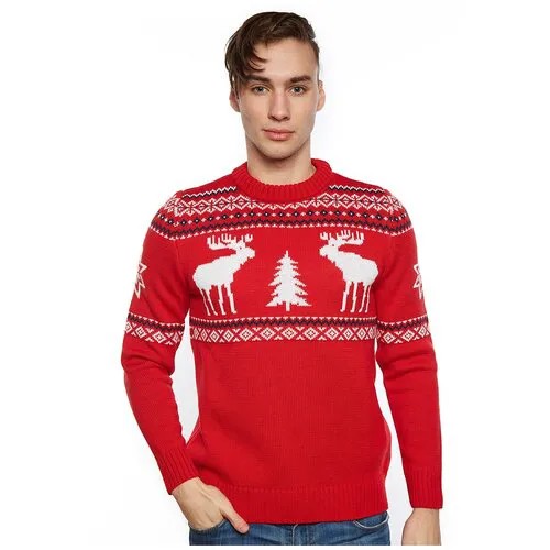 Шерстяной свитер, классический скандинавский орнамент с Лосями и елками, натуральная шерсть, красный, синий, белый цвет, размер L