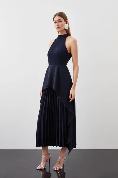 Мягкое приталенное платье миди с высоким воротником и водопадом Karen Millen, темно-синий