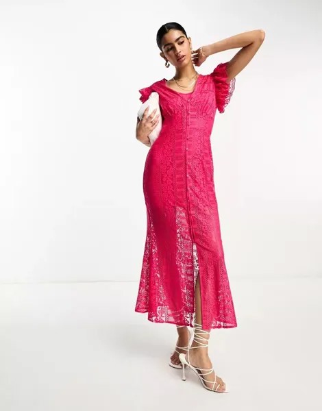 Розовое кружевное платье миди с оборками Never Fully Dressed