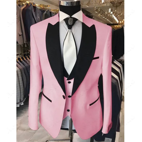 Мужские костюмы для жениха розовые смокинги пиковые черные атласные с лацканами для мужчин 3 предмета Свадьба (пиджак + брюки + жилет + галстук) D282