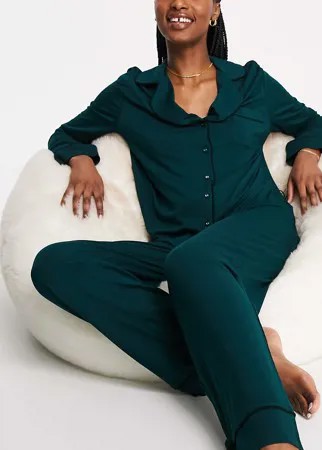 Зеленая пижама из рубашки с длинными рукавами и брюк с контрастным кантом ASOS DESIGN-Зеленый цвет
