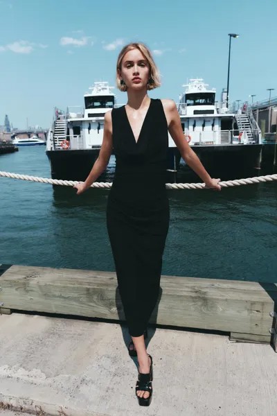 Платье миди с узлом на спине ZARA, черный