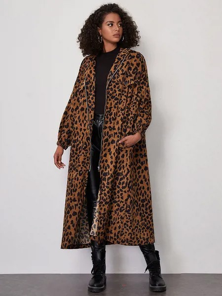 Milanoo Women Long Coat Stand Collar Zipper Warmth Preservation Casual Oversized Leopard Winter Coat