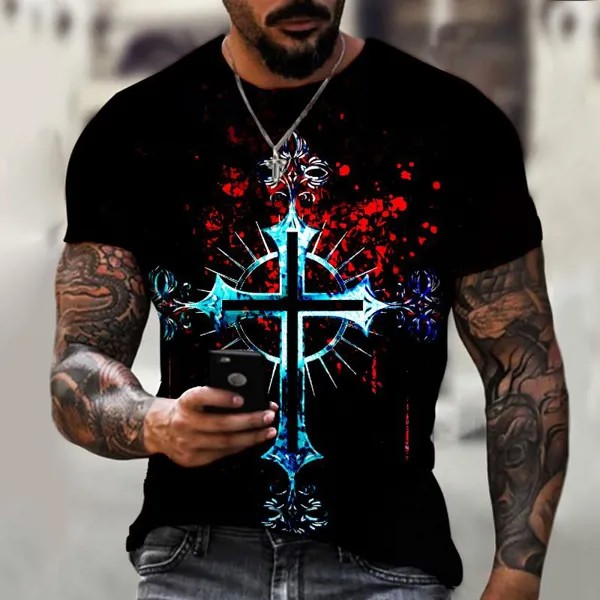 Летняя мужская футболка Cross Jesus 3d Print Street Fashion Одежда Oversize Crew Neck Premium Fabric Plus Size
