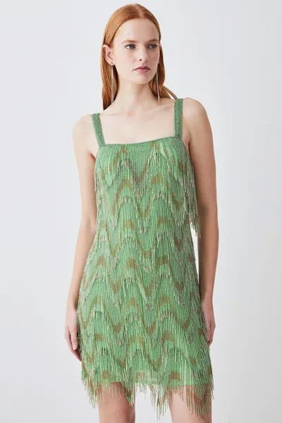 Мини-платье с квадратным вырезом и бахромой Karen Millen, зеленый