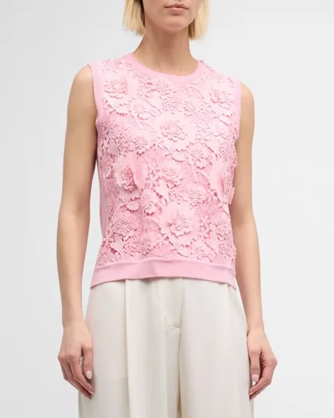 Вязаная майка с цветочным принтом и гипюровой вставкой Oscar de la Renta, цвет Soft Pink