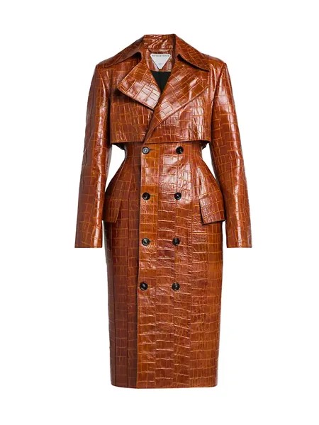 Двубортное кожаное пальто с тиснением под крокодила Bottega Veneta, цвет burnt orange
