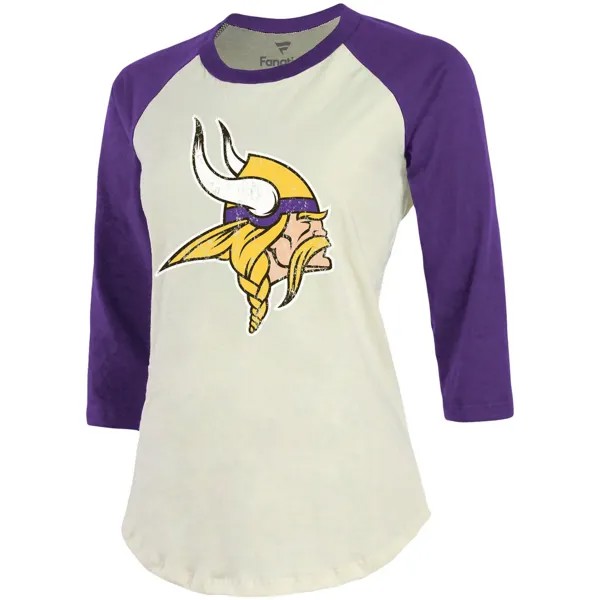 Женская футболка Fanatics с брендом Justin Jefferson кремового/фиолетового цвета Minnesota Vikings Player реглан с именем и номером, рукав 3/4