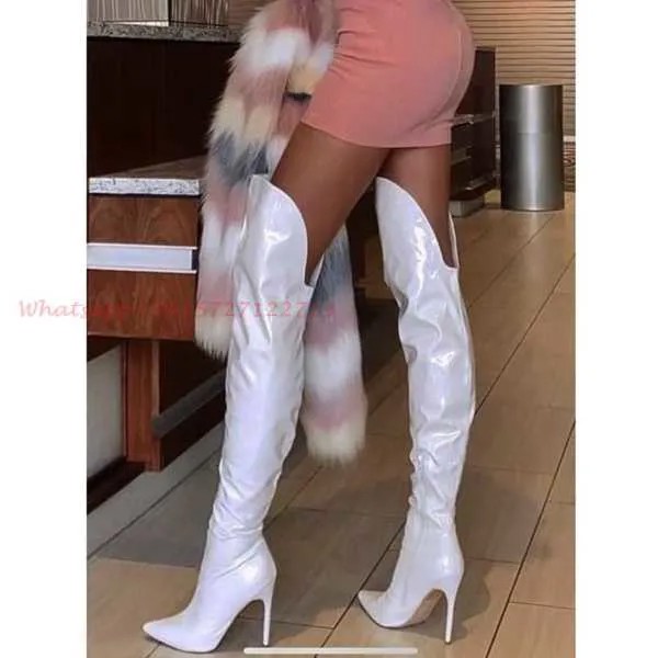 Белые элегантные ажурные Сапоги выше колена, женские весенние длинные сапоги из лакированной кожи с острым каблуком, привлекательные сапоги на тонком каблуке, 2022
