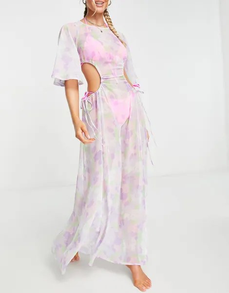 Прозрачное пляжное платье макси с рукавами ангела и цветочным принтом ASOS DESIGN