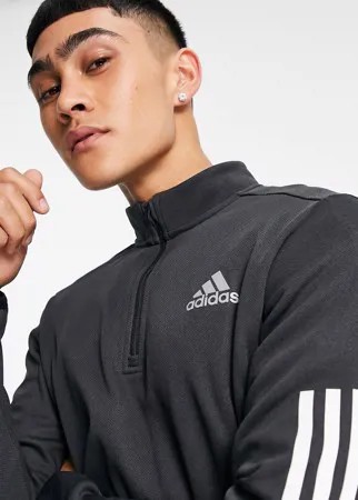 Черный свитшот на молнии длиной 1/4 и с 3 полосками adidas Training-Черный цвет