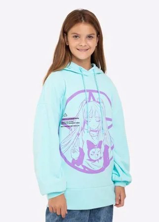 Мятное худи oversize с аниме-принтом для девочки Gloria Jeans