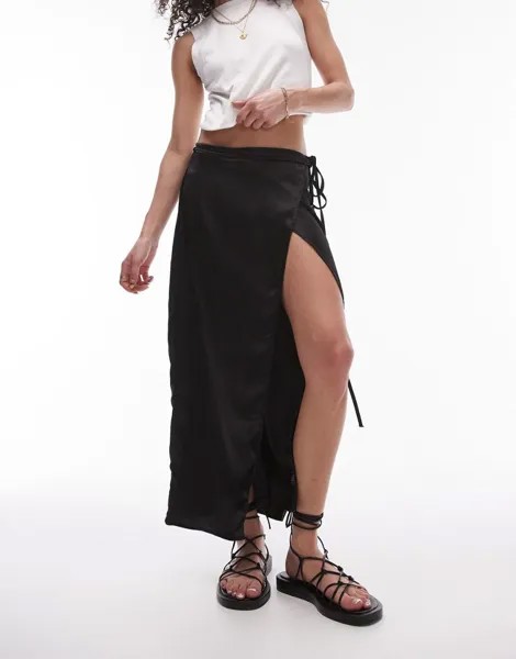 Черная атласная юбка миди косого кроя Topshop