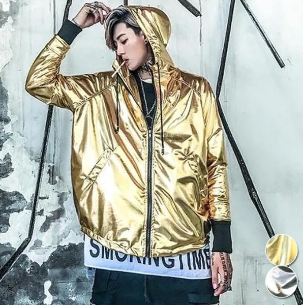 Куртка мужская повседневная, рок, стиль хип-хоп, парные пальто с капюшоном, золотистая/серебристая