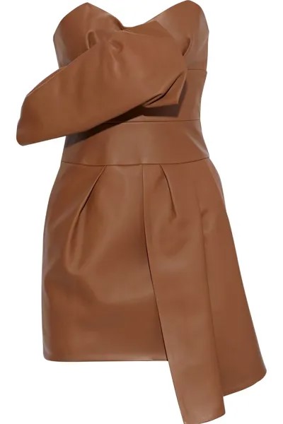 Кожаное мини-платье без бретелек со сборками ALEXANDRE VAUTHIER, коричневый