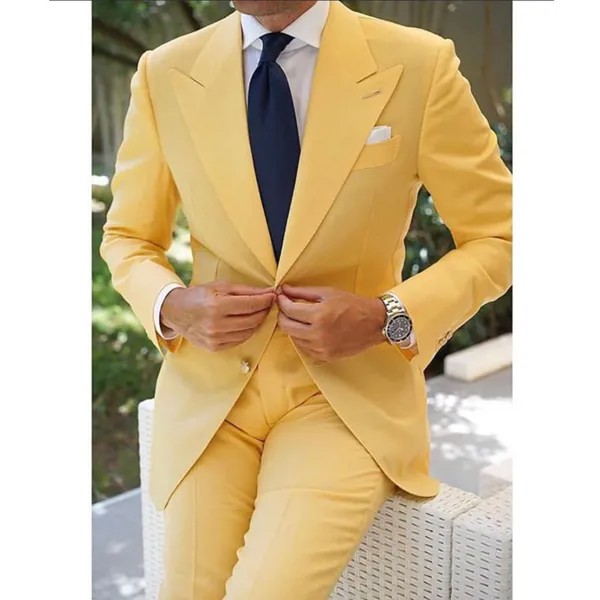 Мужской костюм для выпускного, желтый смокинг для жениха с лацканами и лентой, новейший дизайн, модный комплект из 2 предметов с брюками 2022