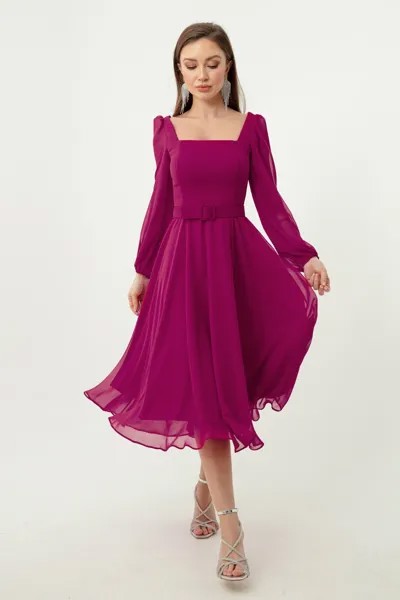 Женское шифоновое вечернее платье миди сливового цвета с квадратным воротником и поясом Lafaba, фиолетовый