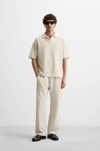 Рубашка поло из жаккарда из сирсакера ZARA, экрю/коричневый
