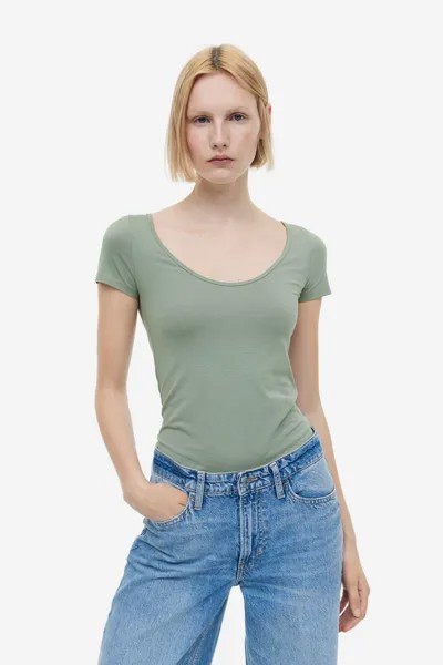 Приталенная футболка H&M, зеленый шалфей