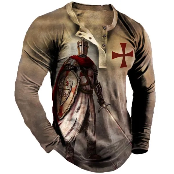 Мужская футболка с длинным рукавом Templar Cross Vintage Print Henley Collar