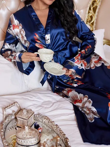 Пижама Luxe Nights, цветочный узор, пояс, атласная ткань Shein, мультиколор