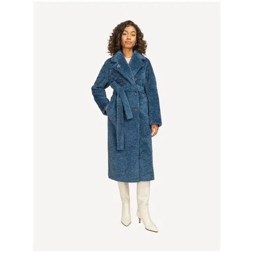 Пальто Electrastyle, искусственный мех, силуэт прямой, карманы, пояс/ремень, размер 44, синий