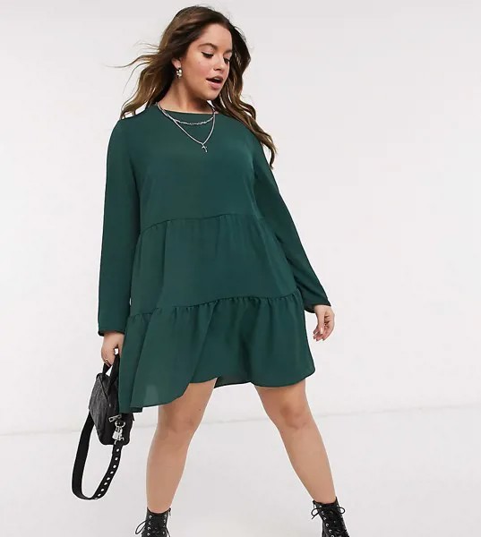 Зеленое ярусное платье мини свободного кроя с длинными рукавами ASOS DESIGN Curve-Зеленый