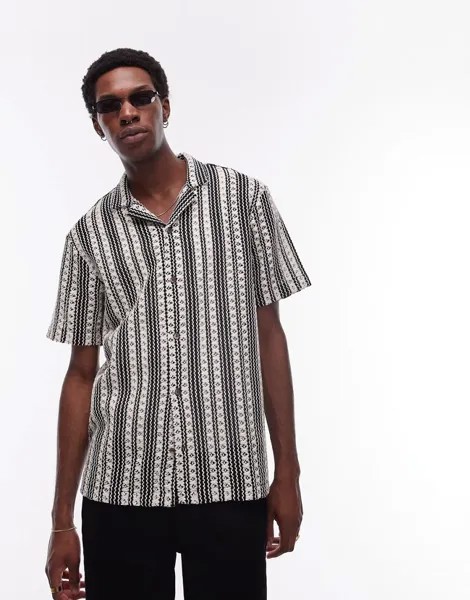 Topman - Удобная рубашка крючком в черно-белую полоску с короткими рукавами