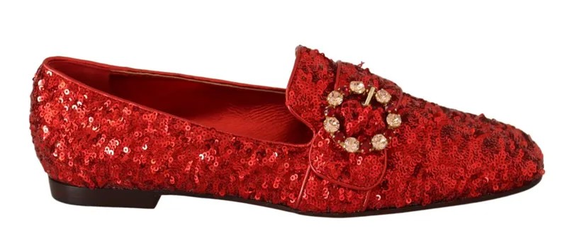 DOLCE - GABBANA Shoes Красные женские лоферы на плоской подошве с блестками и кристаллами EU38 / 7,5 долларов США 1200 долларов США