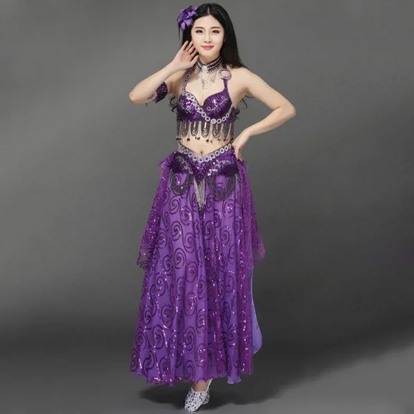 Женская танцевальная одежда Восточный Стиль бисером одежда для индийского беллиданса, блестки, бюстгальтер, пояс, юбка, комплект одежды из 3...