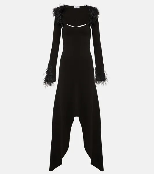 Платье миди из джерси с отделкой перьями The Attico, черный