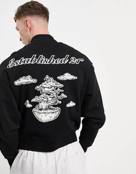 Черный трикотажный oversized-бомбер с принтом бонсай на спине ASOS DESIGN-Черный цвет